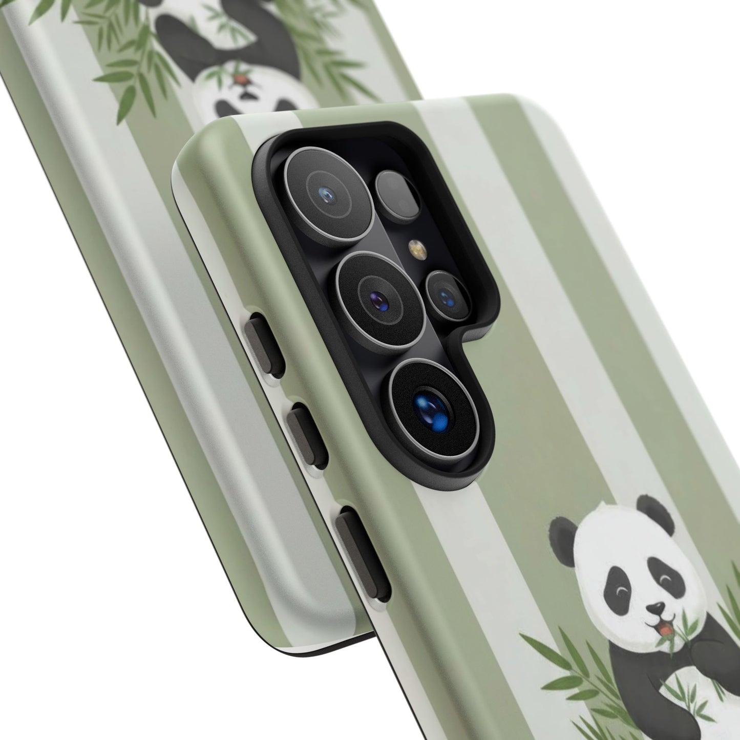 Panda cub Eating Bamboo leaves Phone Case – Olive green Striped Protective Design Cover