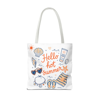 Hello Hot Summer Beach Tote Bag — All-Over Print Vacation Tote with Sunscreen & Seashell Design