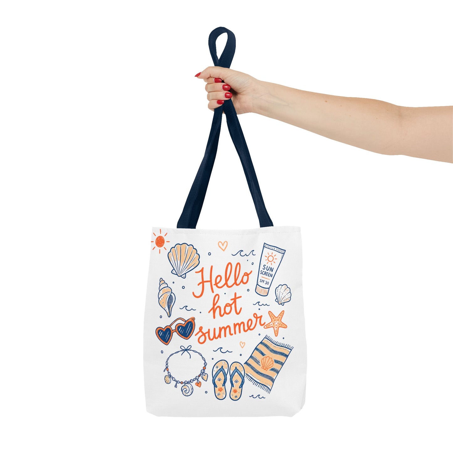 Hello Hot Summer Beach Tote Bag — All-Over Print Vacation Tote with Sunscreen & Seashell Design