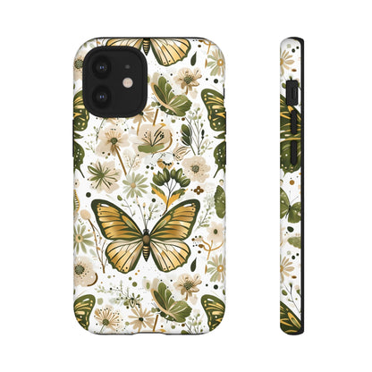 Olive Green & Gold Butterfly Floral Phone Case - Seamless Pattern Design Cover