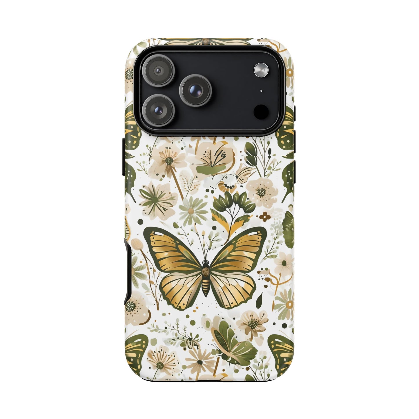 Olive Green & Gold Butterfly Floral Phone Case - Seamless Pattern Design Cover