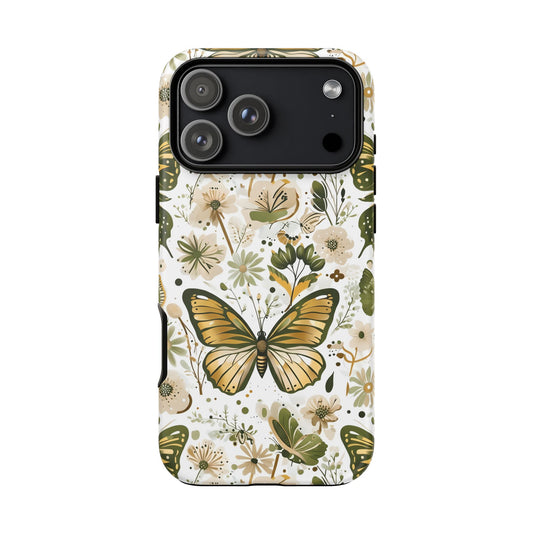 Olive Green & Gold Butterfly Floral Phone Case - Seamless Pattern Design Cover