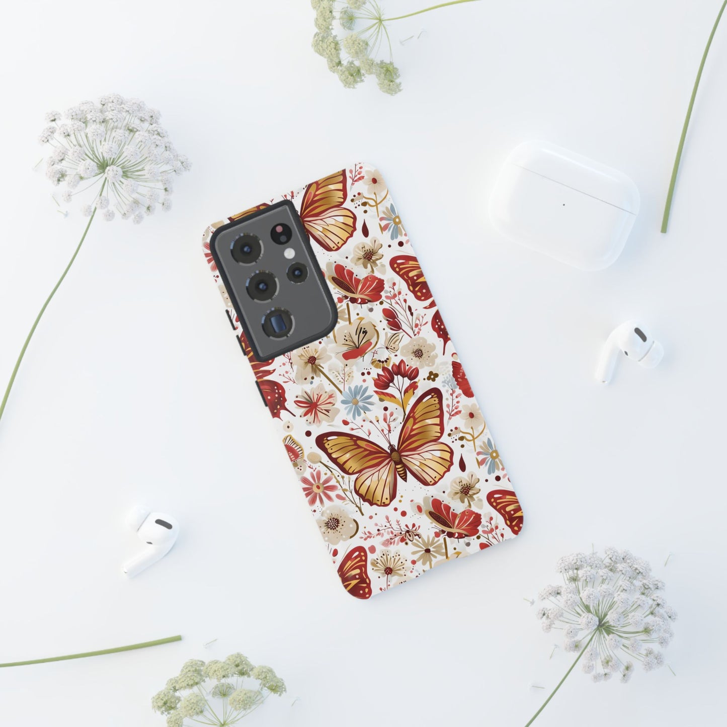 Red & Gold Butterfly Floral Phone Case - Seamless Pattern Design Cover