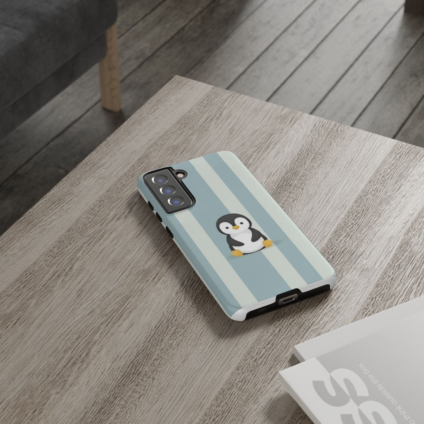 Baby Penguin Sitting Phone Case —  Blue Striped Protective Design Cover