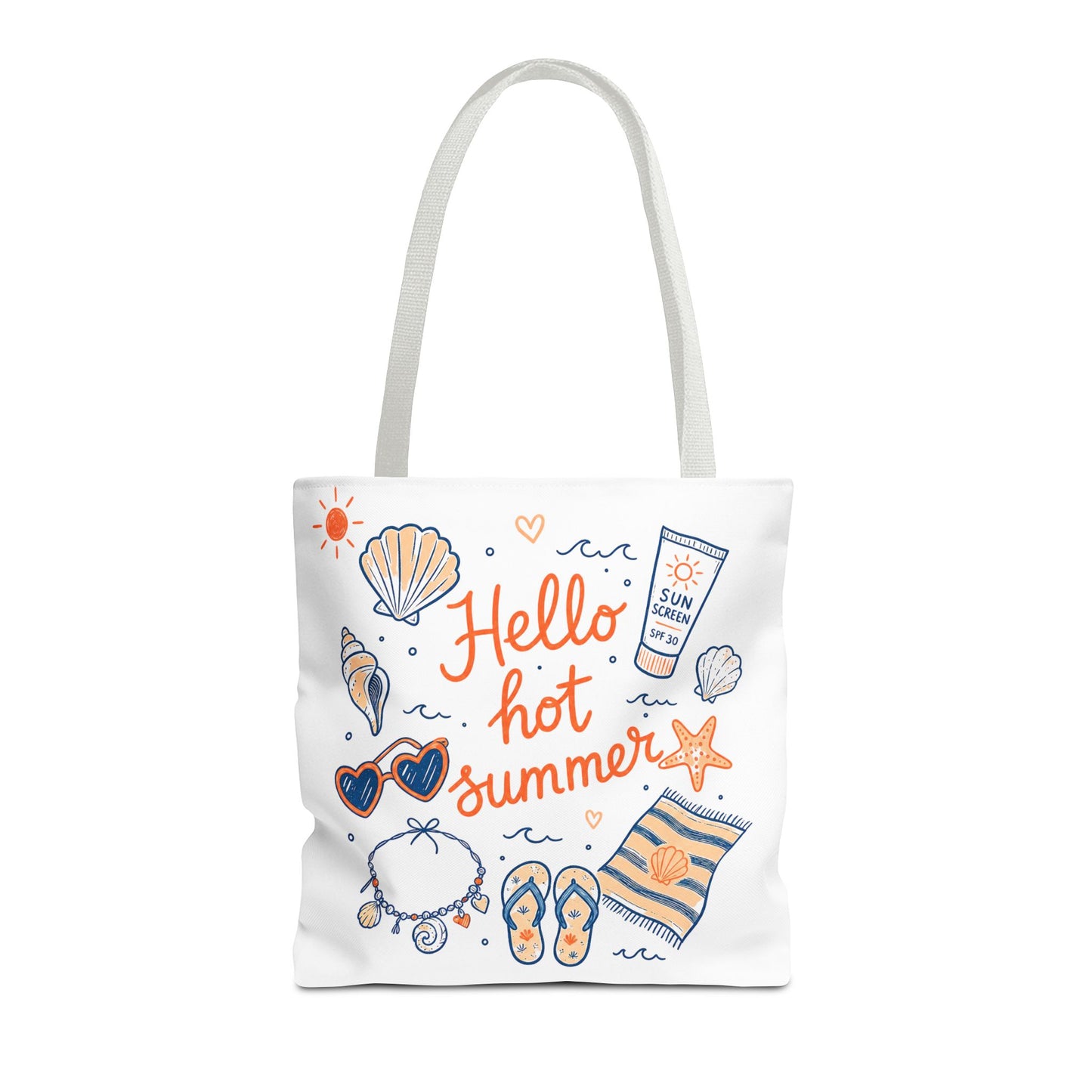 Hello Hot Summer Beach Tote Bag — All-Over Print Vacation Tote with Sunscreen & Seashell Design