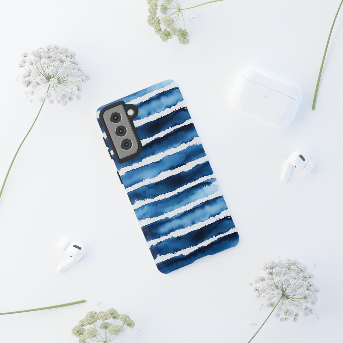 Blue & White Watercolor Stripe Tough Case