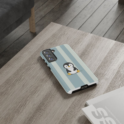 Baby Penguin Sitting Phone Case —  Blue Striped Protective Design Cover