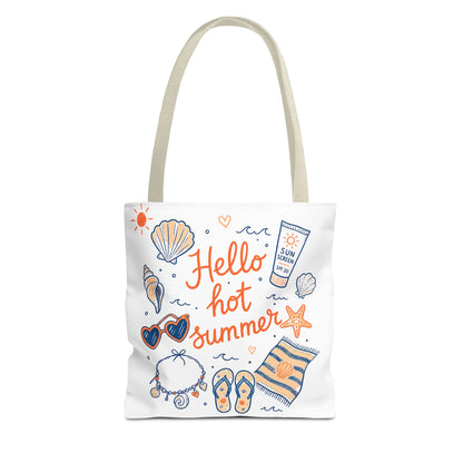 Hello Hot Summer Beach Tote Bag — All-Over Print Vacation Tote with Sunscreen & Seashell Design