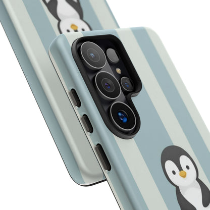 Baby Penguin Sitting Phone Case —  Blue Striped Protective Design Cover