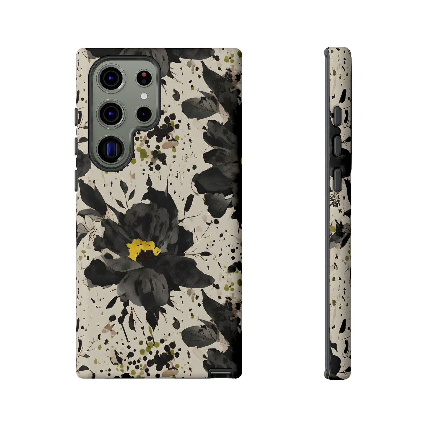 Black Watercolor Floral Phone Case — Seamless Pastel Flower Protective Design Cover