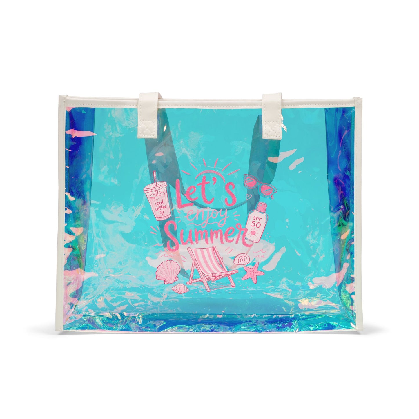 Holographic Beach Tote Bag — 'Let’s Enjoy Summer' Clear Iridescent Pool Bag