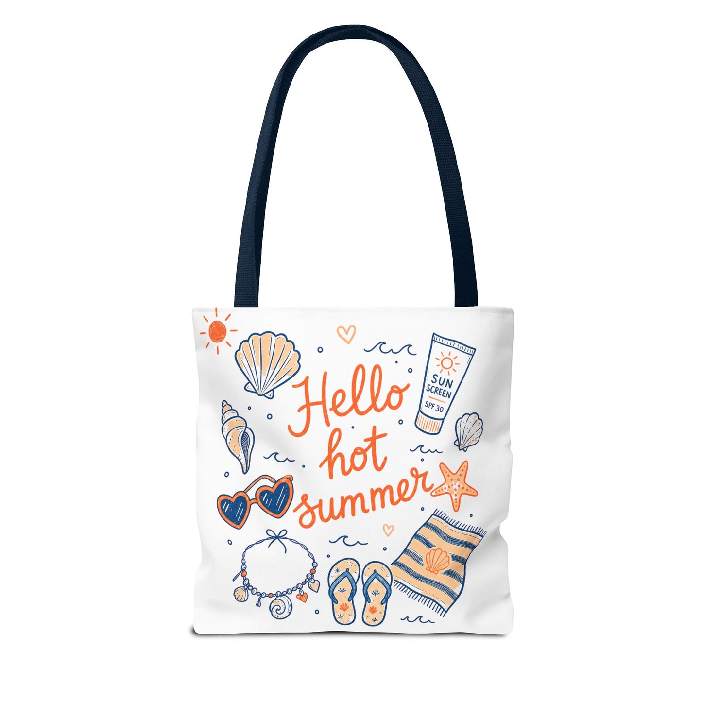 Hello Hot Summer Beach Tote Bag — All-Over Print Vacation Tote with Sunscreen & Seashell Design