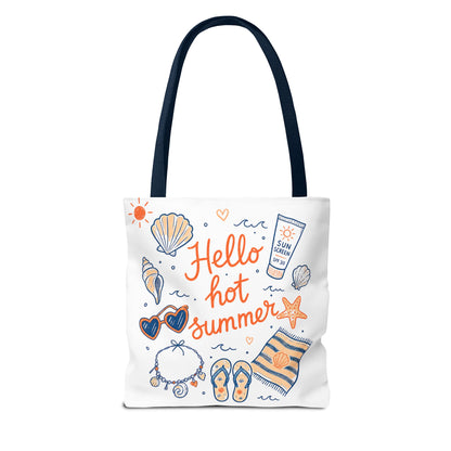 Hello Hot Summer Beach Tote Bag — All-Over Print Vacation Tote with Sunscreen & Seashell Design