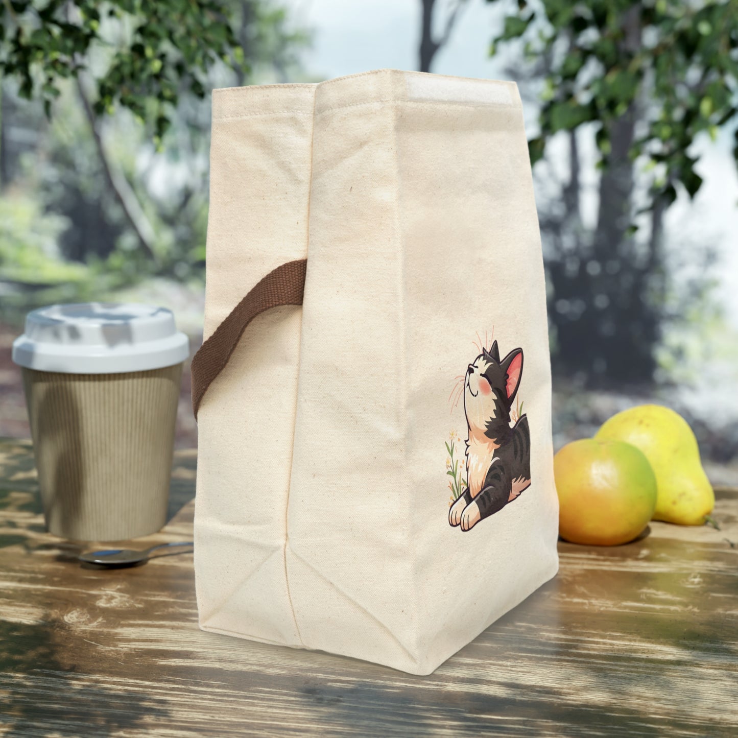 Canvas Lunch Bag — Relaxing Black & White Cat Illustration