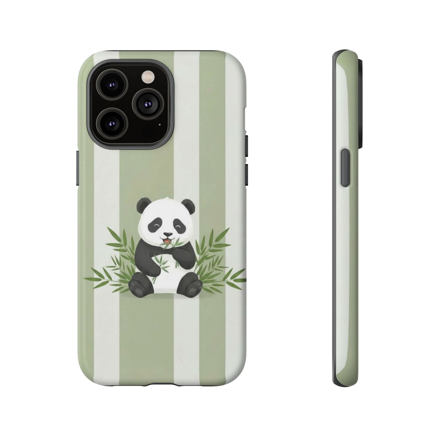 Panda cub Eating Bamboo leaves Phone Case – Olive green Striped Protective Design Cover