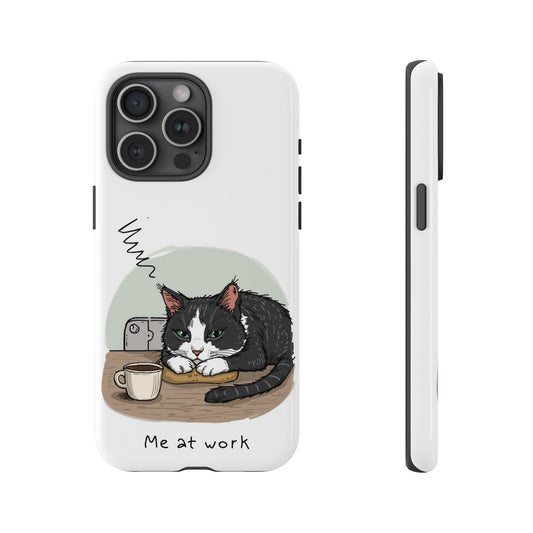 Cat “Me at Work” Phone Case – Tuxedo Cat Coffee Desk Design Cover