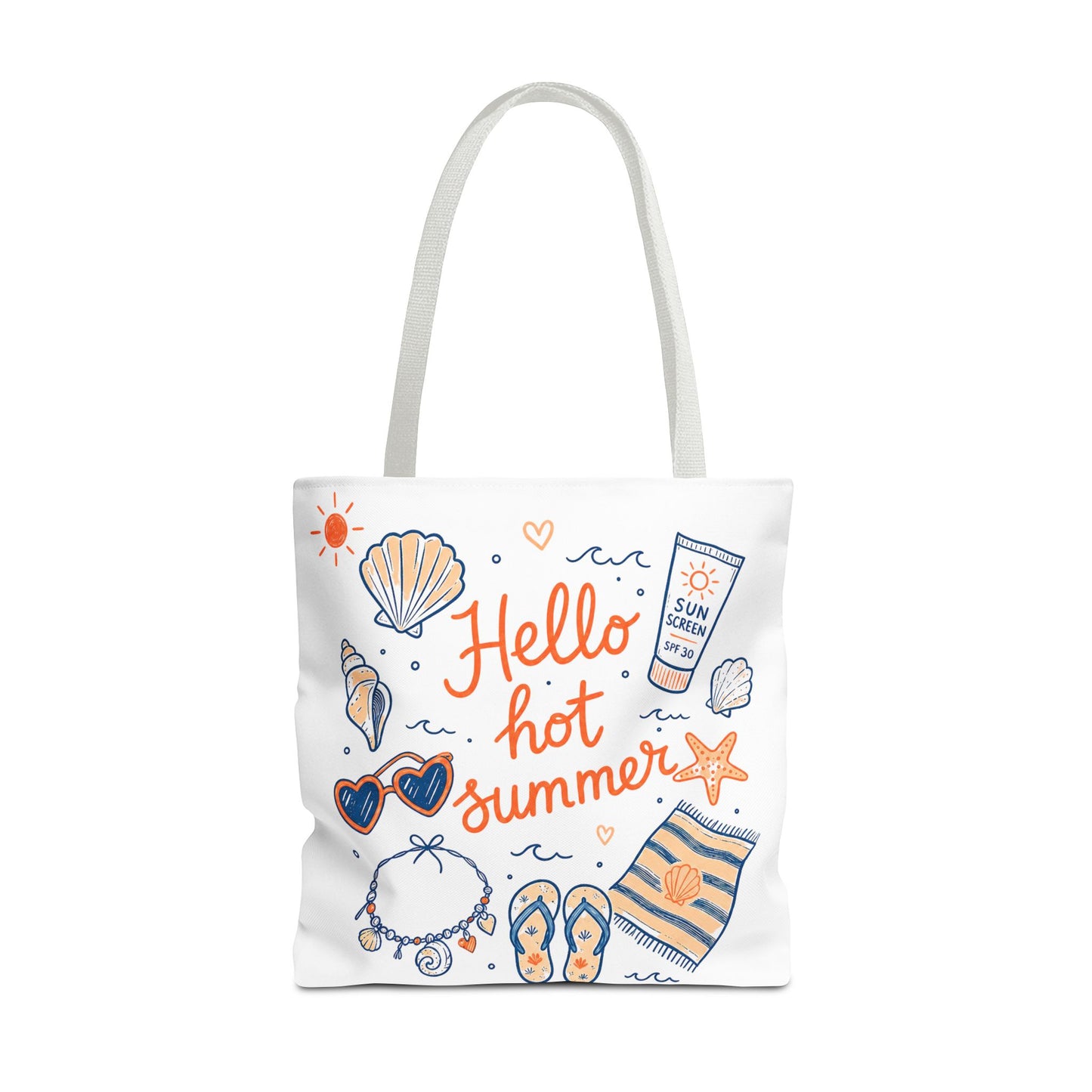 Hello Hot Summer Beach Tote Bag — All-Over Print Vacation Tote with Sunscreen & Seashell Design