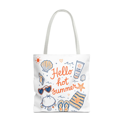 Hello Hot Summer Beach Tote Bag — All-Over Print Vacation Tote with Sunscreen & Seashell Design