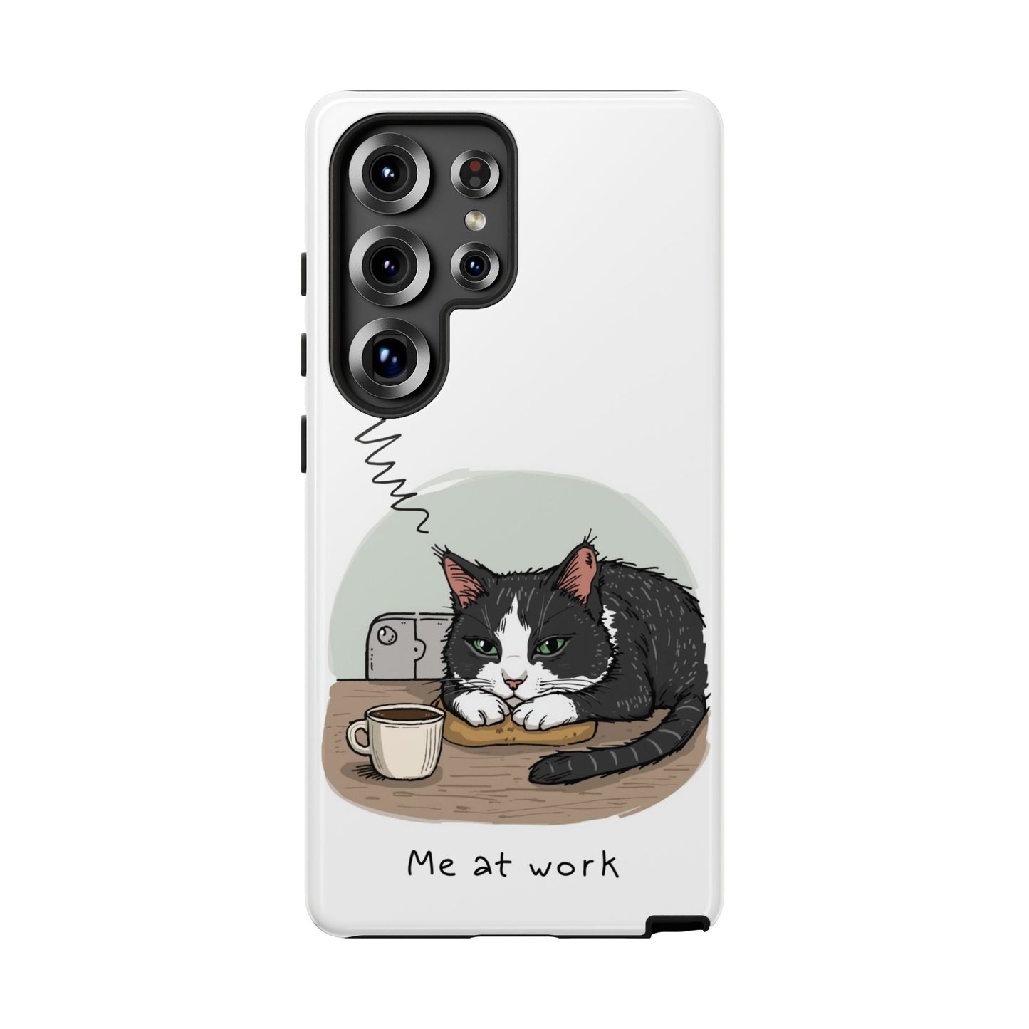 Cat “Me at Work” Phone Case – Tuxedo Cat Coffee Desk Design Cover