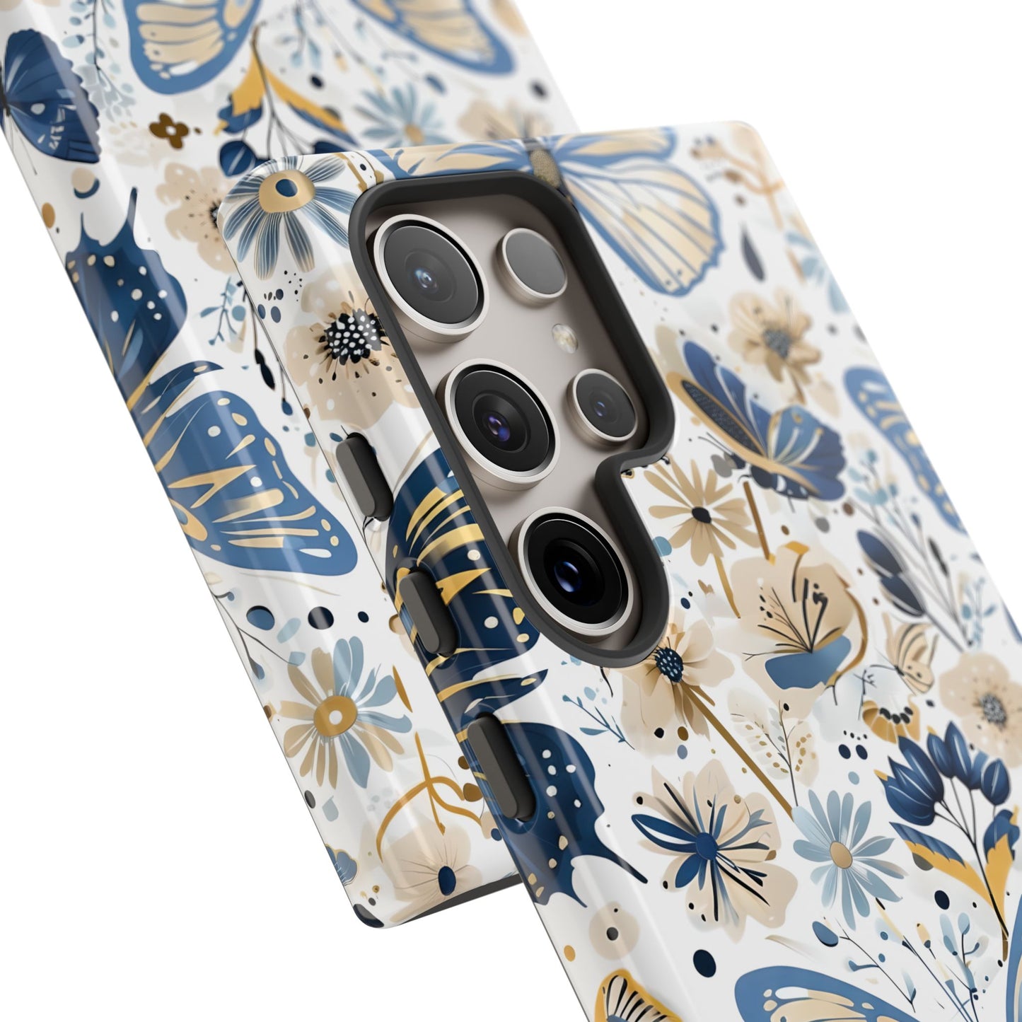 Blue & Gold Butterfly Floral Phone Case - Seamless Pattern Design Cover