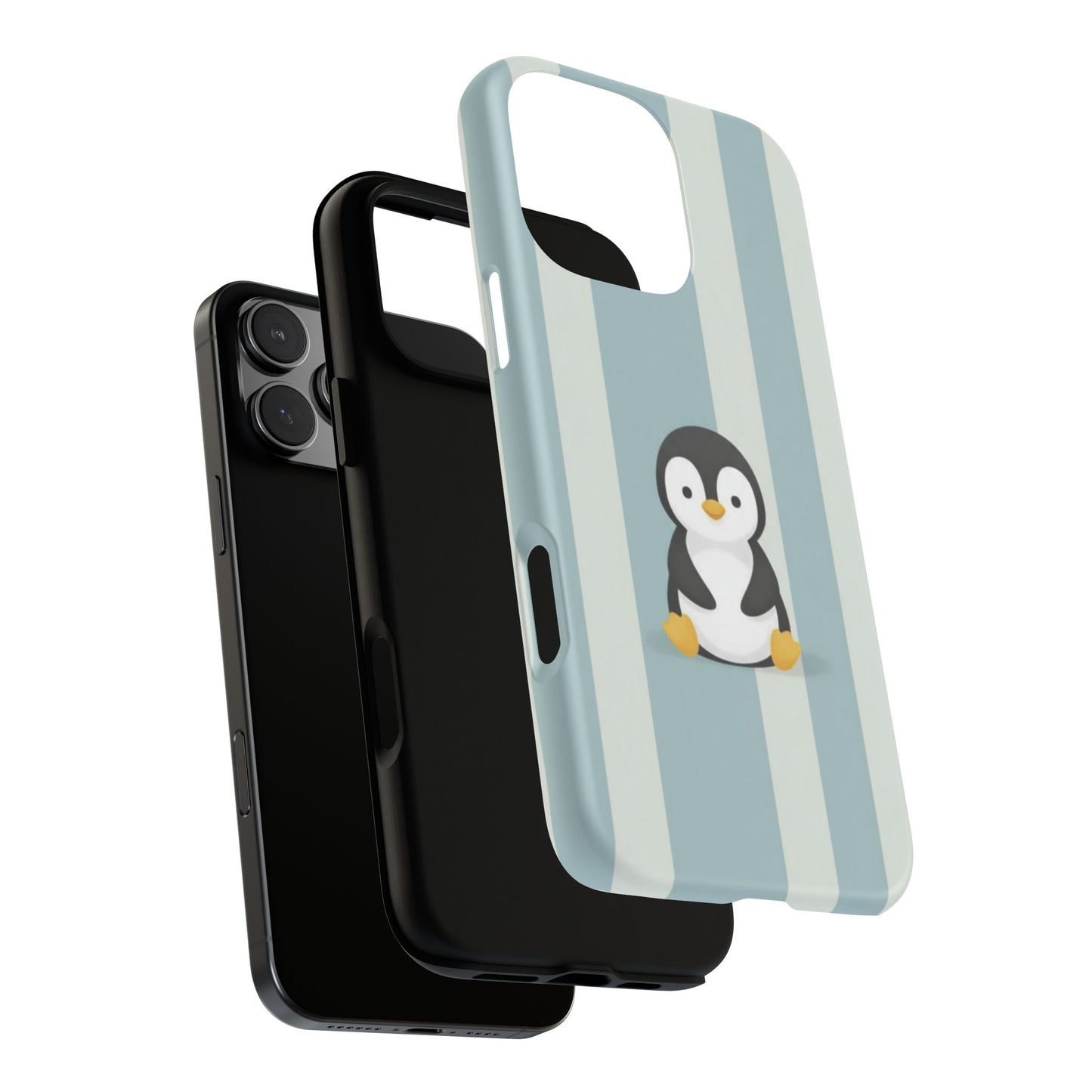 Baby Penguin Sitting Phone Case —  Blue Striped Protective Design Cover