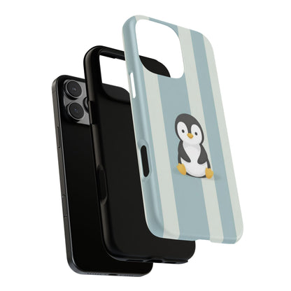 Baby Penguin Sitting Phone Case —  Blue Striped Protective Design Cover