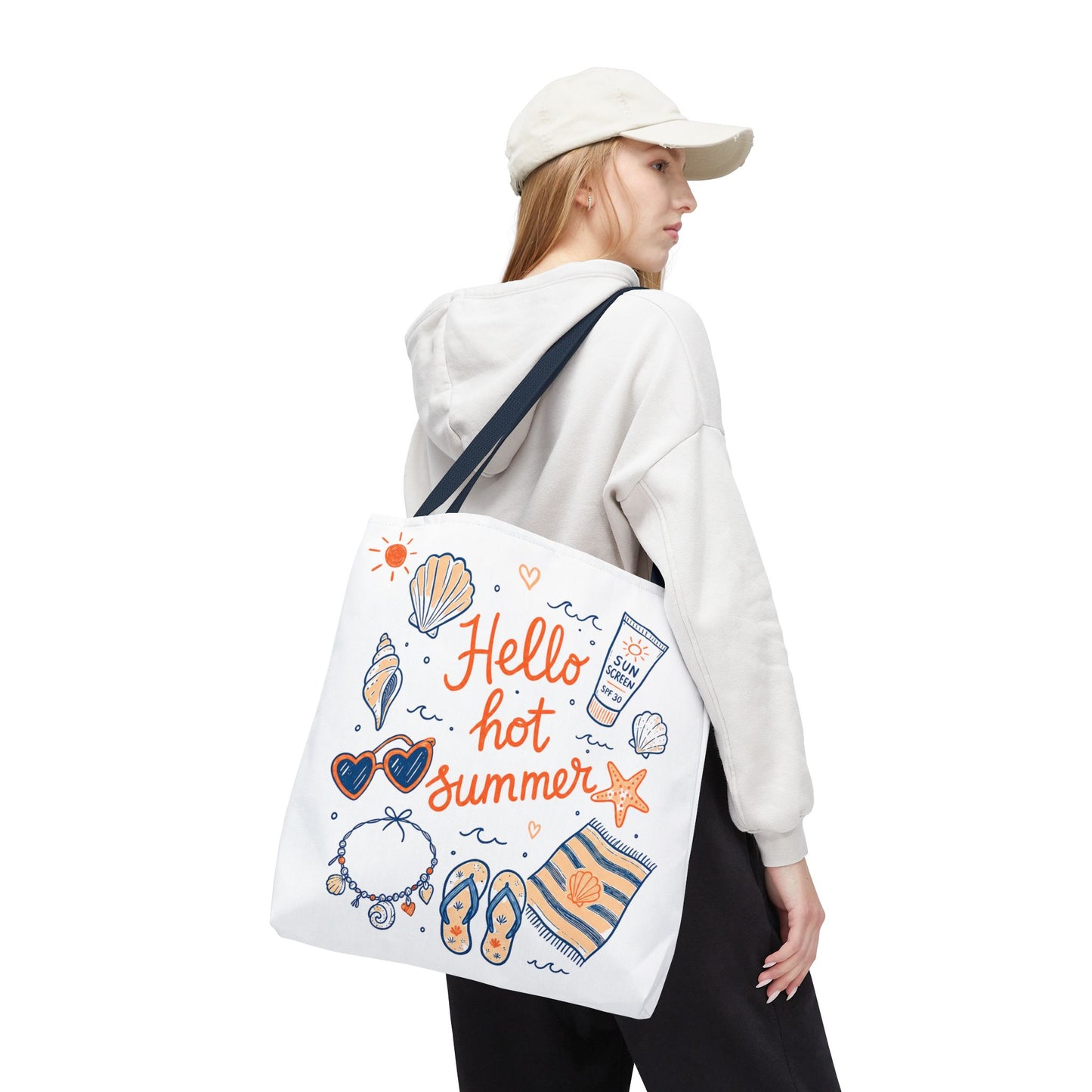 Hello Hot Summer Beach Tote Bag — All-Over Print Vacation Tote with Sunscreen & Seashell Design