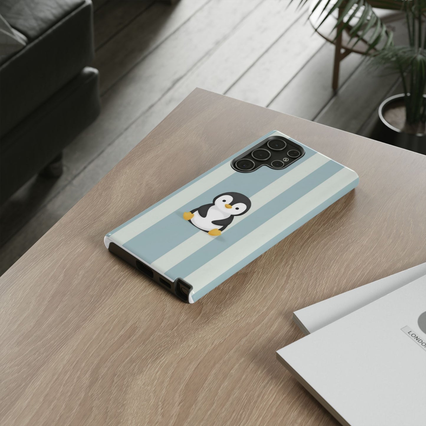 Baby Penguin Sitting Phone Case —  Blue Striped Protective Design Cover