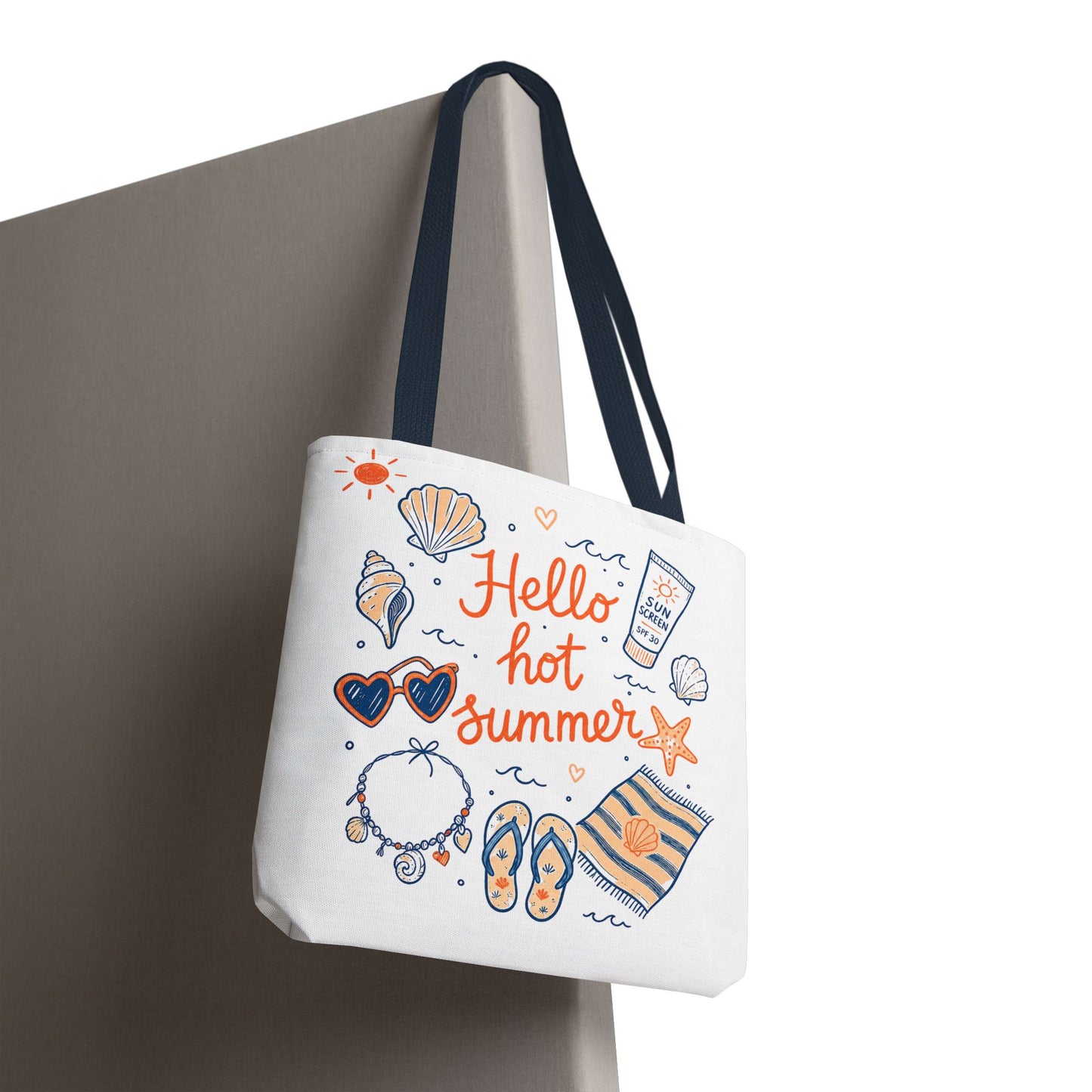 Hello Hot Summer Beach Tote Bag — All-Over Print Vacation Tote with Sunscreen & Seashell Design