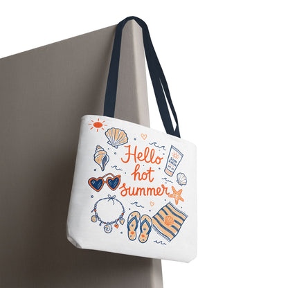 Hello Hot Summer Beach Tote Bag — All-Over Print Vacation Tote with Sunscreen & Seashell Design
