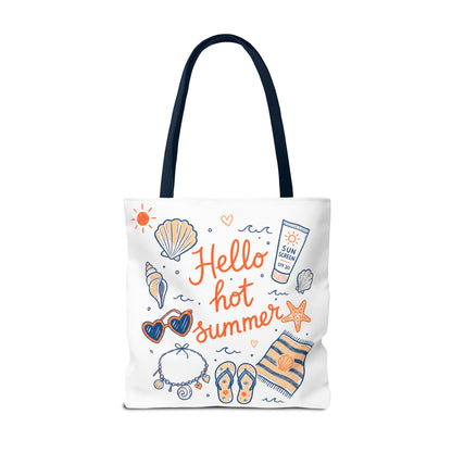 Hello Hot Summer Beach Tote Bag — All-Over Print Vacation Tote with Sunscreen & Seashell Design