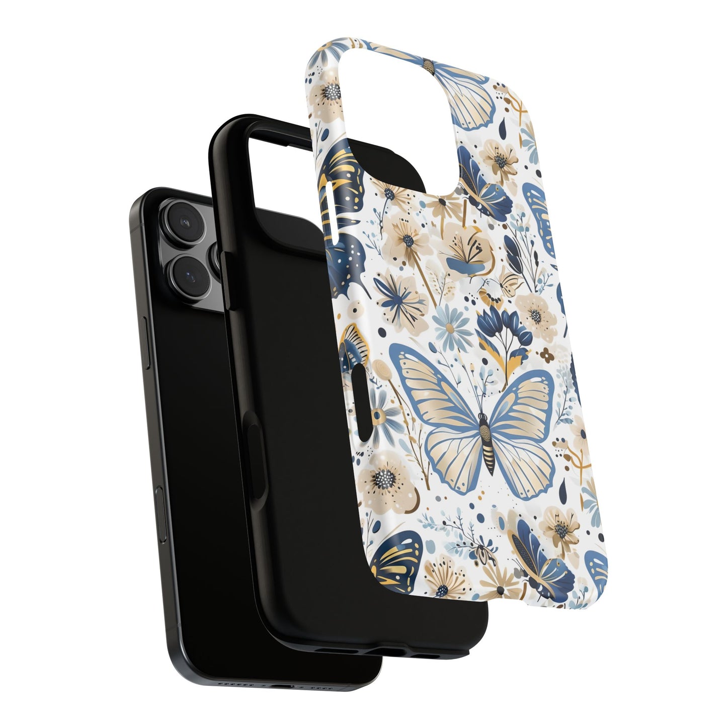 Blue & Gold Butterfly Floral Phone Case - Seamless Pattern Design Cover